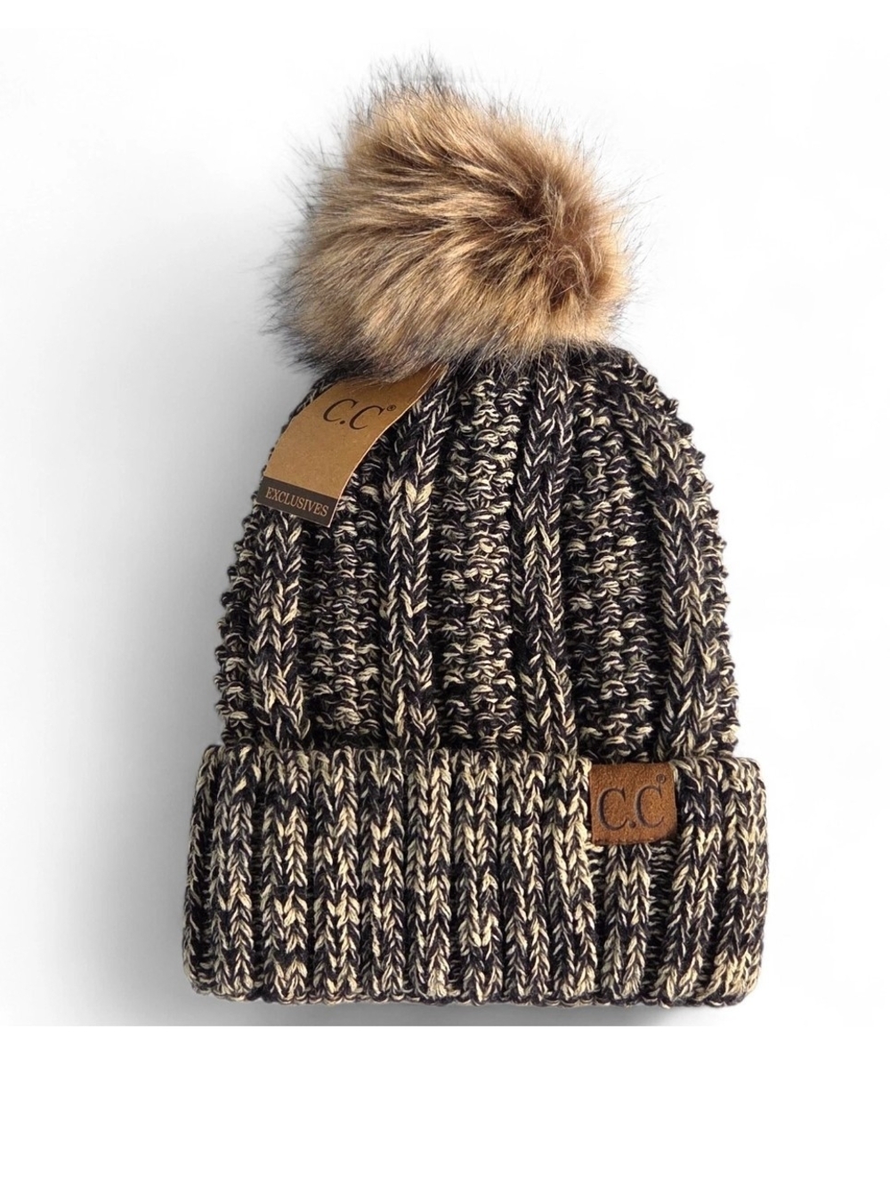 NWT C.C Exclusives Fuzzy Lined Chunky Pom Beanie Marled Black Oatmeal YJ-820